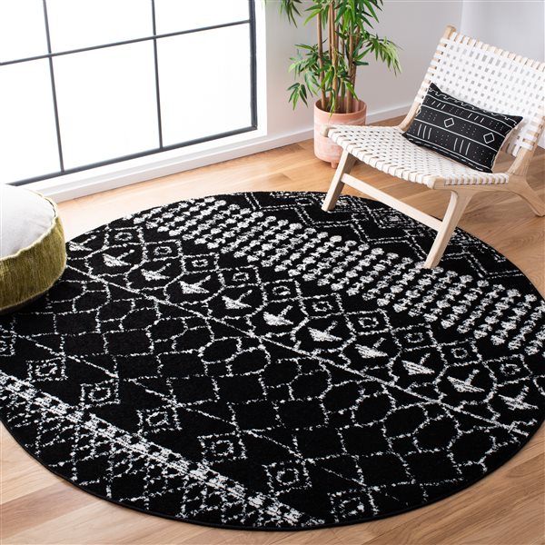 Tapis d'intérieur rond et abstrait Tulum Artesia par Safavieh de 7 pi x 7 pi de style bohème, noir et ivoire