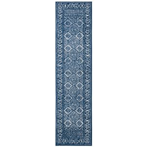 Tapis de passage rectangulaire et délavé Tulum Virden par Safavieh de 2 pi x 9 pi de style bohème, bleu marine et ivoire