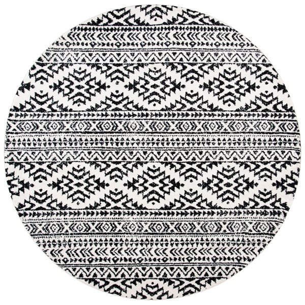 Carpette d'intérieur ronde et abstraite Tulum Cibola par Safavieh de 3 pi x 3 pi de style bohème, ivoire et noir