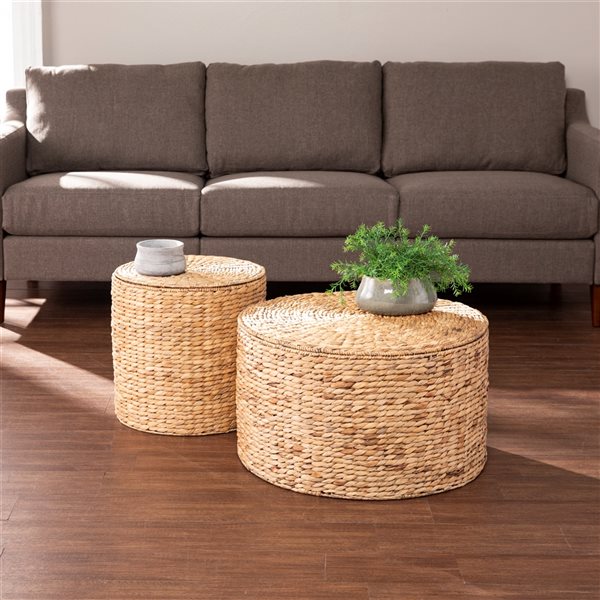 Southern Enterprises Fayette Natural Water Hyacinth Wicker Round End Tables with Storage - 2-Piece Set