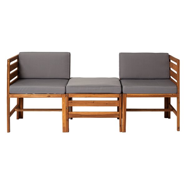 Walker Edison Brown Wood Frame Patio Conversation Set with Grey Cushions - 3-Piece