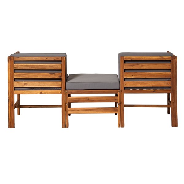 Walker Edison Brown Wood Frame Patio Conversation Set with Grey Cushions - 3-Piece