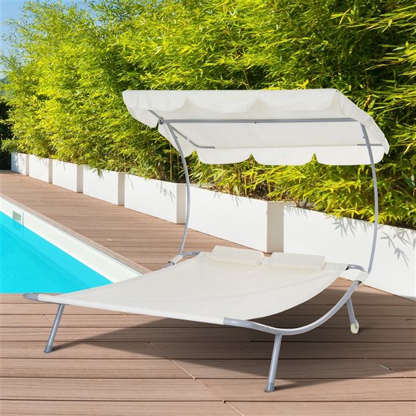 Chaise longue stationnaire Outsunny en métal noir avec assise rigide blanche