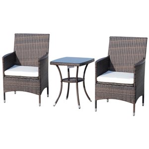 Outsunny 3-Piece Brown Frame Bistro Patio Set with White Cushions