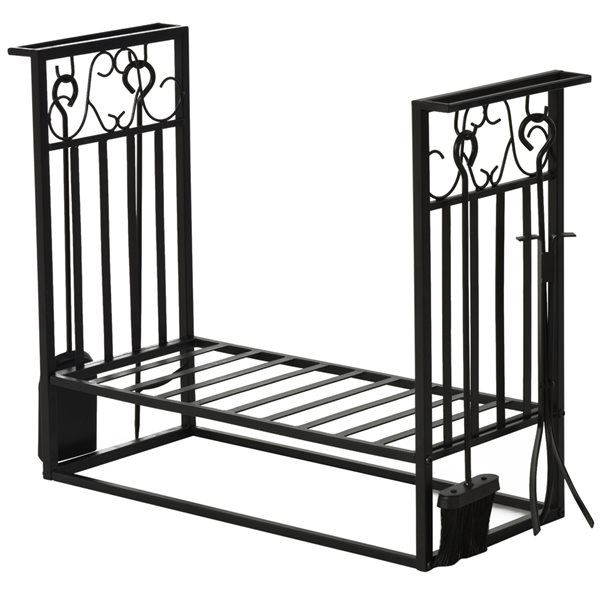 Porte-bûches compact noir Outsunny de 29 1/2 po x 23 1/2 po en acier avec accessoires