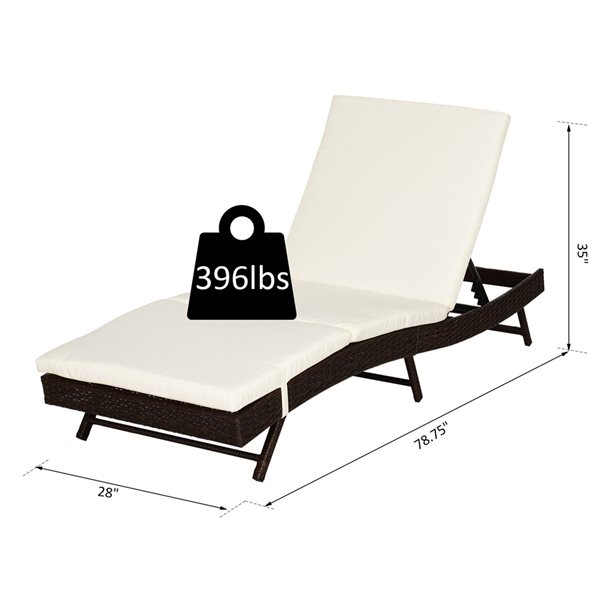 Chaise longue stationnaire Outsunny en métal et rotin brun foncé avec assise rembourrée blanche crémeuse