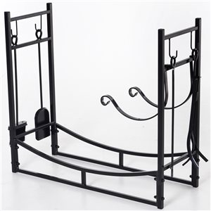 Porte-bûches noir Outsunny de 33 po x 30 po en métal forgé avec support pour bois d'allumage