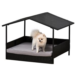 PawHut Niche en plastique avec aérations, petite niche avec ouverture de  porte, sol surélevé, support de bol, 2 bols, coussin doux lavable, pour  chiens de petite taille, blanc 