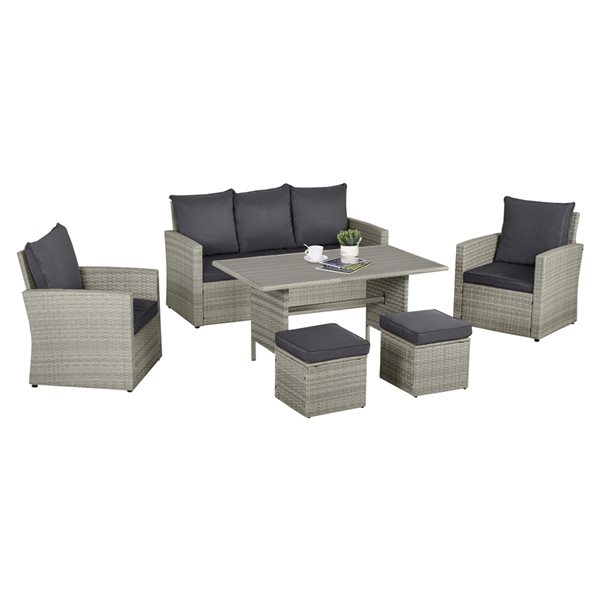 Outsunny 6-Piece Grey Frame Patio Dining Set with Grey Cushions
