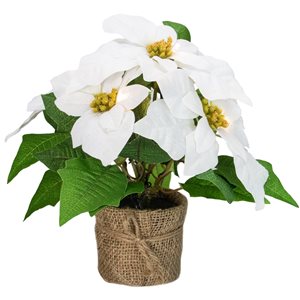 Northlight 11.75-in LED Artificial White Poinsettia Potted Plant - Clear Lights