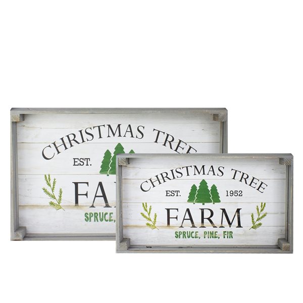 Northlight 21-in Fresh Christmas Trees Wooden Tray Hanging Signs- Set of 2