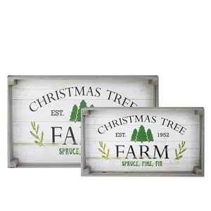 Northlight 21-in Fresh Christmas Trees Wooden Tray Hanging Signs- Set of 2