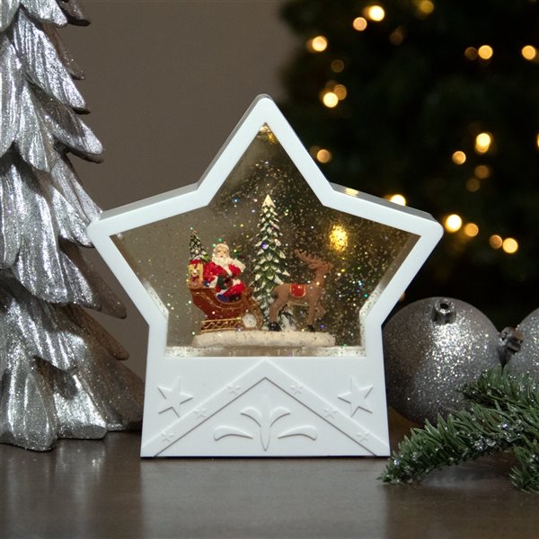 Northlight 7-in Lighted White Star Christmas Snow Globe with Santa in Sleigh