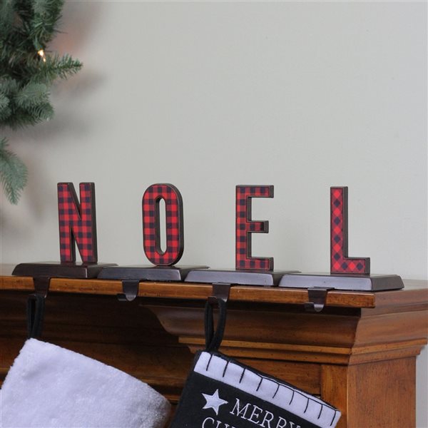 Northlight Red and Black Buffalo Plaid Noel Christmas Stocking Holders - Set of 4