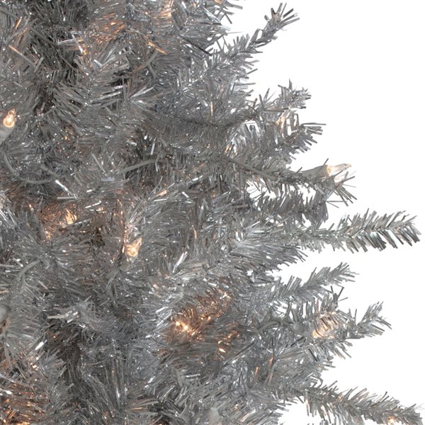 Northlight 9-ft Slim Silver Tinsel Pre-Lit Artificial Christmas Tree with Warm White Lights