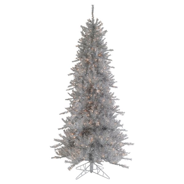 Northlight 9-ft Slim Silver Tinsel Pre-Lit Artificial Christmas Tree with Warm White Lights