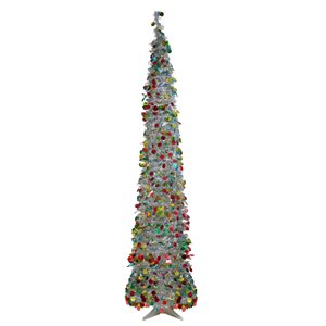 Northlight 6-ft Silver Tinsel Pop-Up and Pre-Lit Artificial Christmas Tree with Warm White Lights