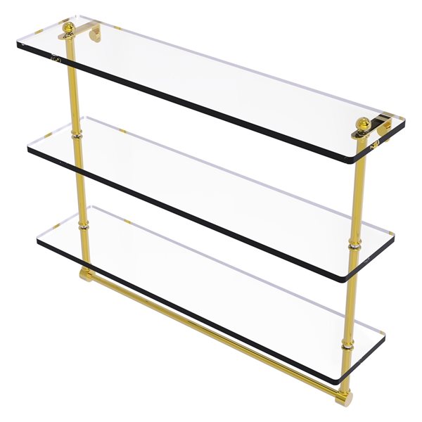 Allied Brass Polished Brass 3-Tier Wall Mount Glass Bathroom Shelf with Integrated Towel Bar