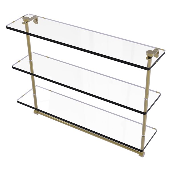 Allied Brass Unlacquered Brass 3-Tier Glass Wall Mount Bathroom Shelf with Integrated Towel Bar