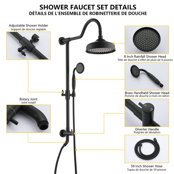 Boyel Living Matte Black 8-in Metal Dual Shower Head with Shower Bar System