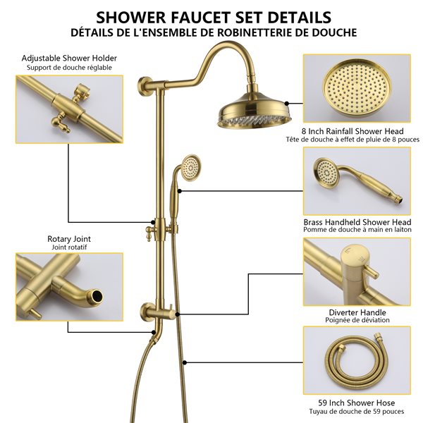 Boyel Living Brushed Gold 8-in Metal Dual Shower Head with Shower Bar System
