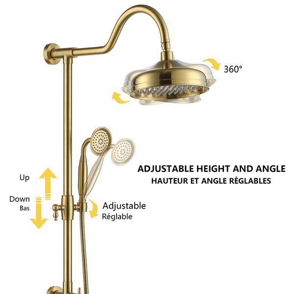Boyel Living Brushed Gold 8-in Metal Dual Shower Head with Shower Bar System
