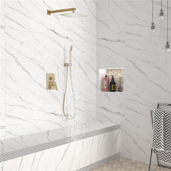 Clihome Brushed Gold 10-in Metal Shower Head with 2-Function Built-in Shower System