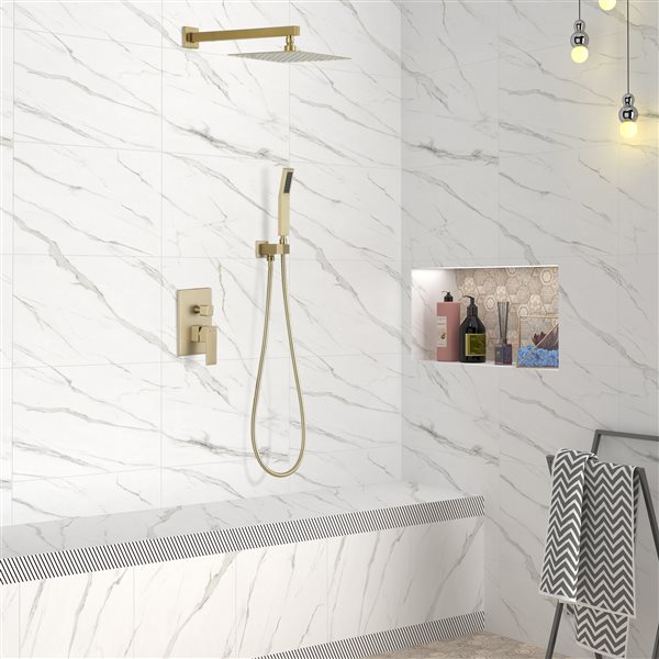 Clihome Brushed Gold 10-in Metal Shower Head with 2-Function Built-in Shower System