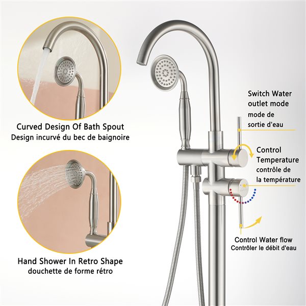 Clihome 2-Handle Freestanding Bathtub Faucet with Hand Shower Included in Brushed Nickel Finish