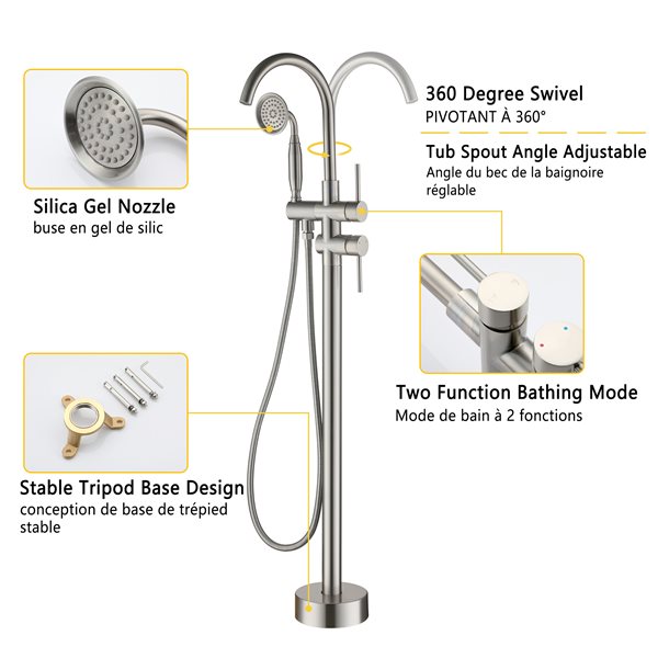 Clihome 2-Handle Freestanding Bathtub Faucet with Hand Shower Included in Brushed Nickel Finish