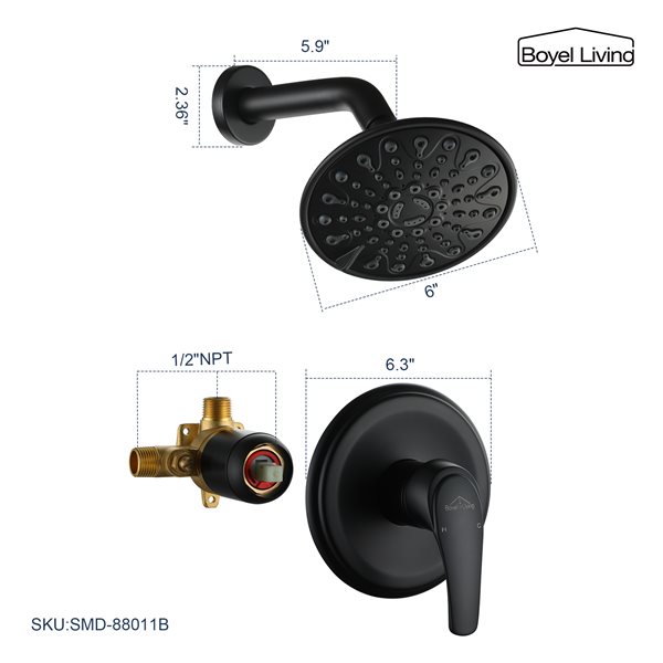 Clihome Matte Black 6-in Metal Fixed Rain Shower Head with Built-in Shower System