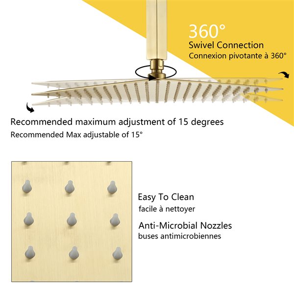 Boyel Living Brushed Gold 12-in Metal Ceiling Shower Head with 3-Function Built-in Shower System