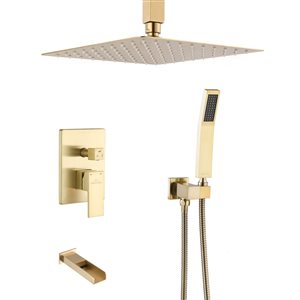 Boyel Living Brushed Gold 12-in Metal Ceiling Shower Head with 3-Function Built-in Shower System