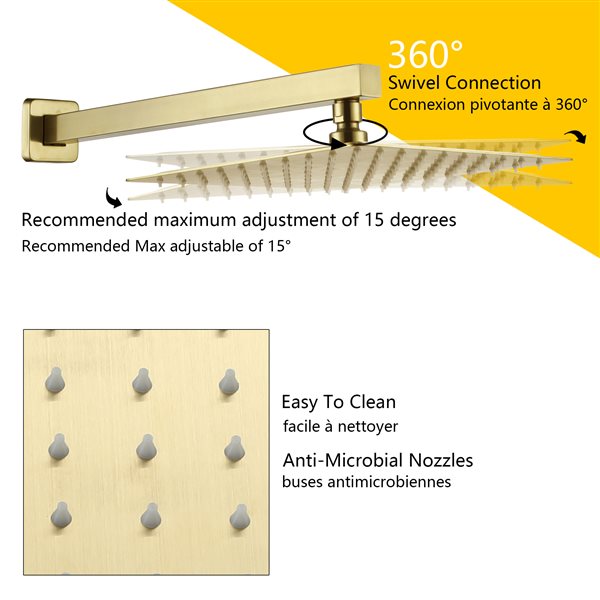 Boyel Living Brushed Gold 10-in Metal Rain Shower Head with 3-Function Built-in Shower System