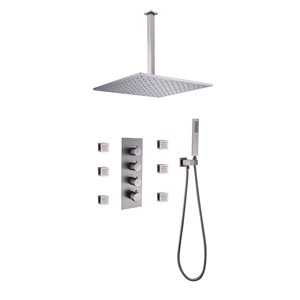 Clihome Brushed Nickel 12-in Solid Brass Shower Head with Thermostatic Built-in Shower System and Side Spray