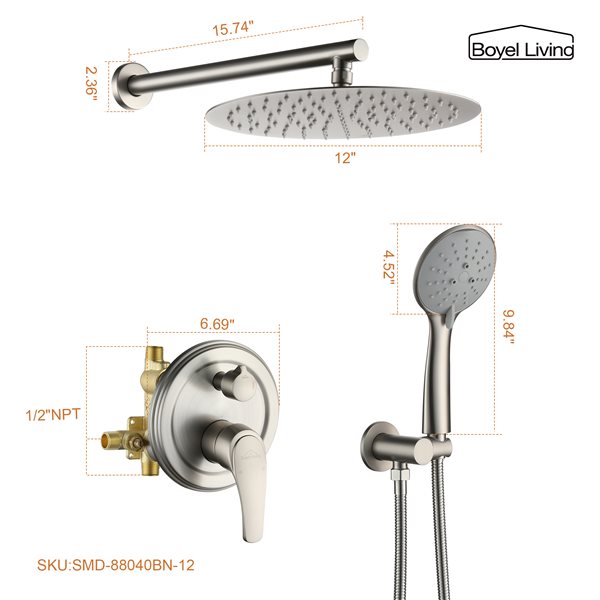 Clihome 12-in Metal Shower Head with Built-in Shower System - Brushed Nickel