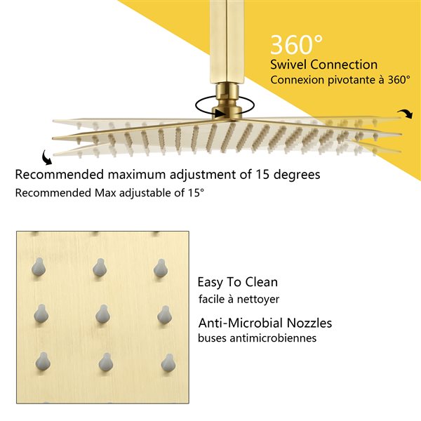 Boyel Living Brushed Gold 10-in Metal Ceiling Shower Head with 3-Function Built-in Shower System