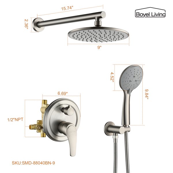 Clihome Brushed Nickel 9-in Metal Round Rain Shower Head with Built-in Shower System