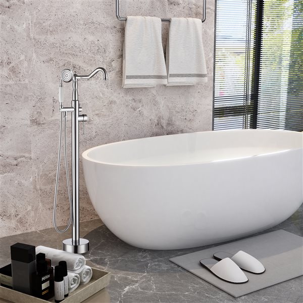 Clihome Polished Chrome 2-Handle Freestanding Bathtub Faucet with Hand Shower Included