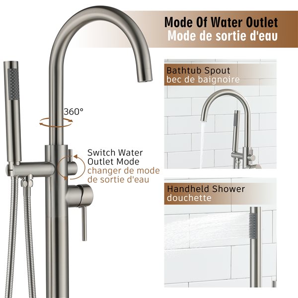 Clihome Brushed Nickel 1-Handle Freestanding Bathtub Filler with Hand Shower Included