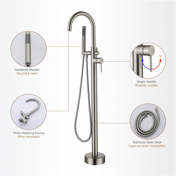 Clihome Brushed Nickel 1-Handle Freestanding Bathtub Filler with Hand Shower Included