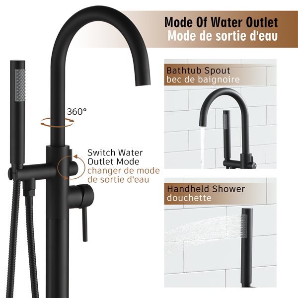 Clihome Matte Black 1-Handle Freestanding Bathtub Filler with Hand Shower Included