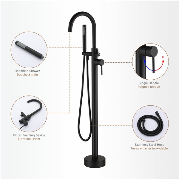 Clihome Matte Black 1-Handle Freestanding Bathtub Filler with Hand Shower Included