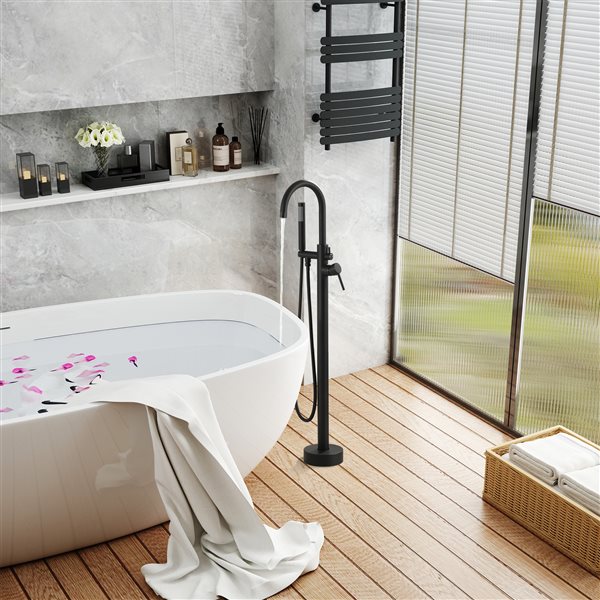 Clihome Matte Black 1-Handle Freestanding Bathtub Filler with Hand Shower Included