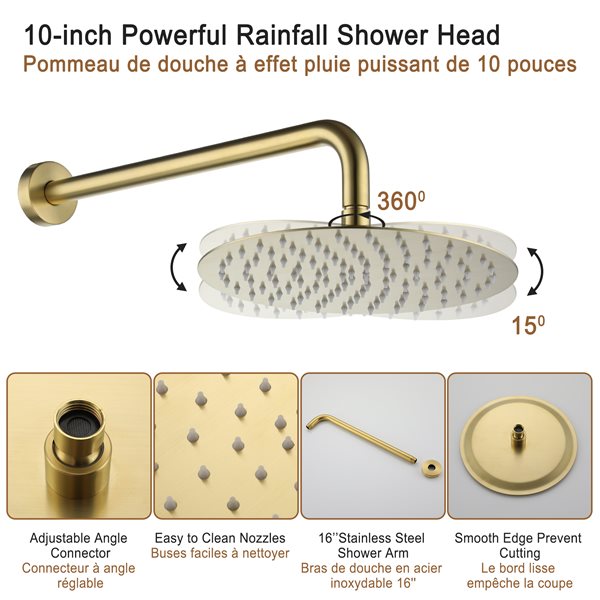 Clihome Brushed Gold 10-in Solid Brass Shower Head with 2-Function Built-in Shower System