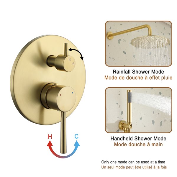 Clihome Brushed Gold 10-in Solid Brass Shower Head with 2-Function Built-in Shower System