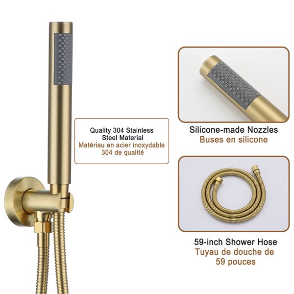 Clihome Brushed Gold 10-in Solid Brass Shower Head with 2-Function Built-in Shower System