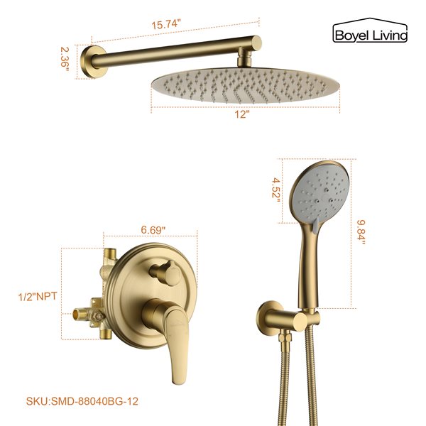 Clihome 12-in Metal Shower Head with Built-in Shower System - Brushed Gold