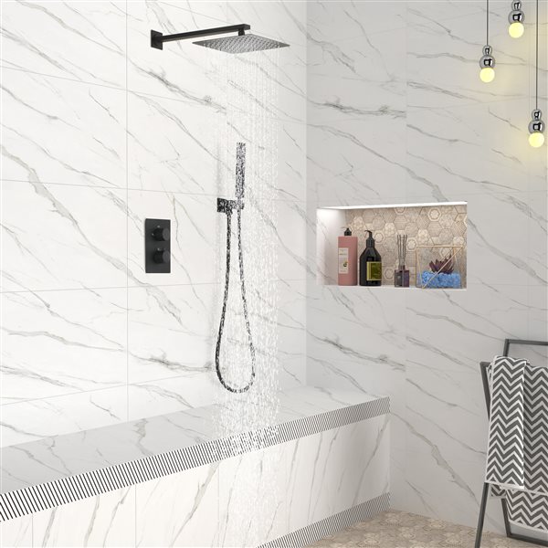 Clihome Matte Black 10-in Metal Shower Head with 2-Function Thermostatic Built-in Shower System