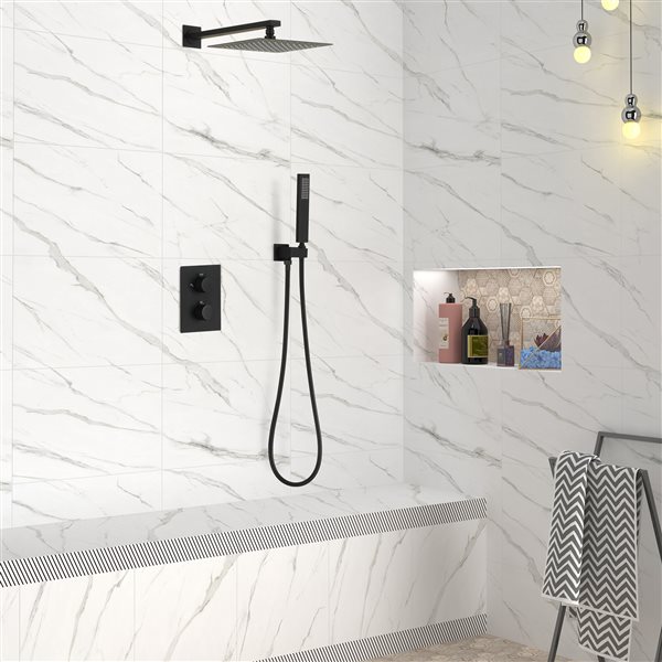 Clihome Matte Black 10-in Metal Shower Head with 2-Function Thermostatic Built-in Shower System